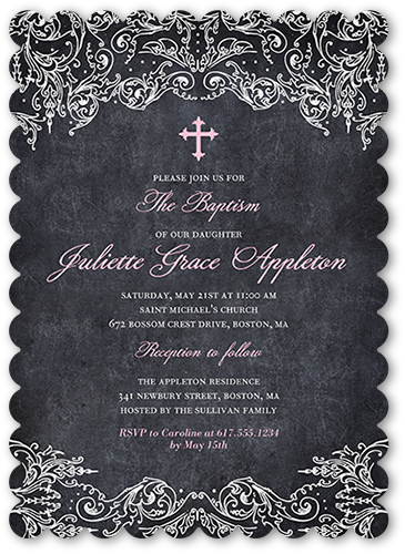 Divine Chalk Girl Baptism Invitation, Pink, Pearl Shimmer Cardstock, Scallop