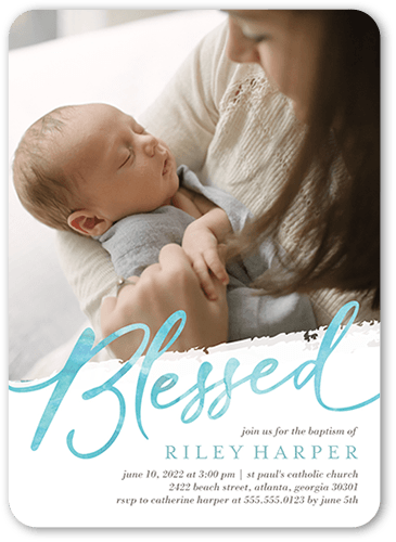 Graceful Blessed Boy Baptism Invitation, White, 5x7 Flat, Standard Smooth Cardstock, Rounded