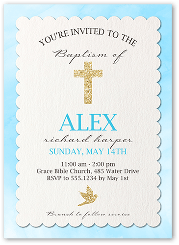 Cross and Dove Boy Baptism Invitation, Blue, 5x7 Flat, Luxe Double-Thick Cardstock, Square