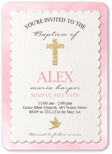 Cross and Dove Girl Baptism Invitation, Pink, 5x7 Flat, Standard Smooth Cardstock, Rounded