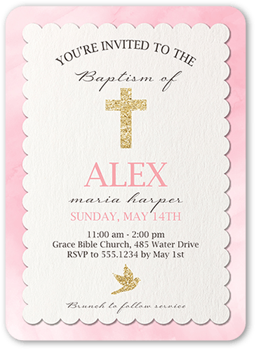 Cross and Dove Girl Baptism Invitation, Pink, 5x7 Flat, Matte, Signature Smooth Cardstock, Rounded