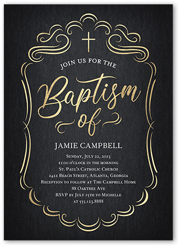 Ornate Stage Baptism Invitation, Black, 5x7, Standard Smooth Cardstock, Square
