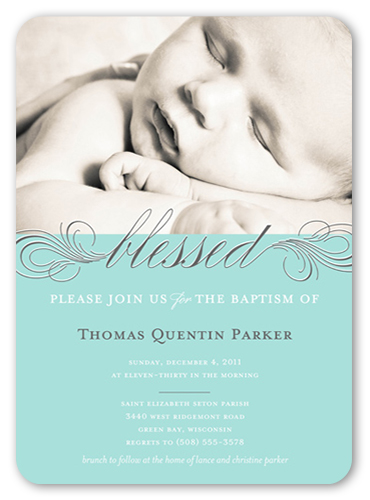 Little Blessed Blue Baptism Invitation, Blue, Pearl Shimmer Cardstock, Rounded