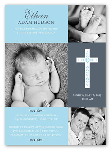 Cross Of Boy Baptism Invitation, Grey, Pearl Shimmer Cardstock, Square