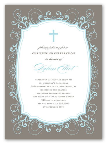 Flourished Border Boy Baptism Invitation, Brown, Pearl Shimmer Cardstock, Square, Taupe