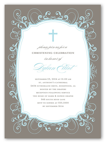 Flourished Border Boy Baptism Invitation, Brown, 100% Recycled Cardstock ?, Square