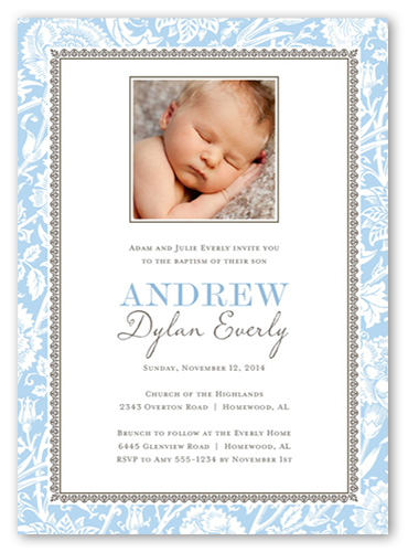 Vintage Blessings Boy Baptism Invitation, Blue, Pearl Shimmer Cardstock, Square