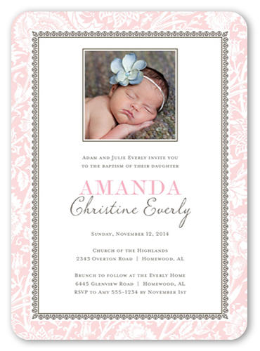 Vintage Blessings Girl Baptism Invitation, Pink, Standard Smooth Cardstock, Rounded