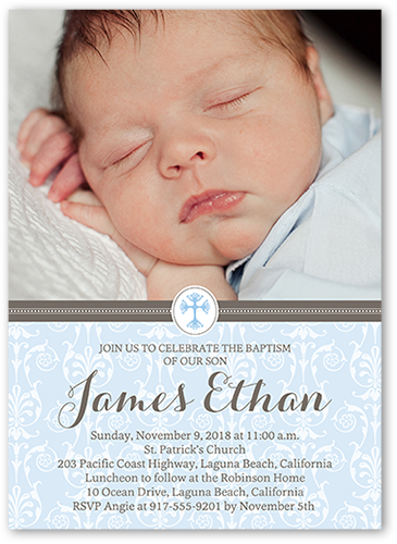 Elegant Cross Boy Baptism Invitation, Blue, Standard Smooth Cardstock, Square