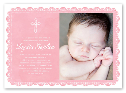 Delicate Lace Girl Baptism Invitation, Pink, 100% Recycled Cardstock , Square