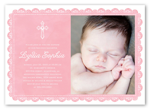 Delicate Lace Girl Baptism Invitation, Pink, Luxe Double-Thick Cardstock, Square