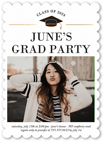 Little Cap Graduation Invitation, White, 5x7 Flat, Pearl Shimmer Cardstock, Scallop