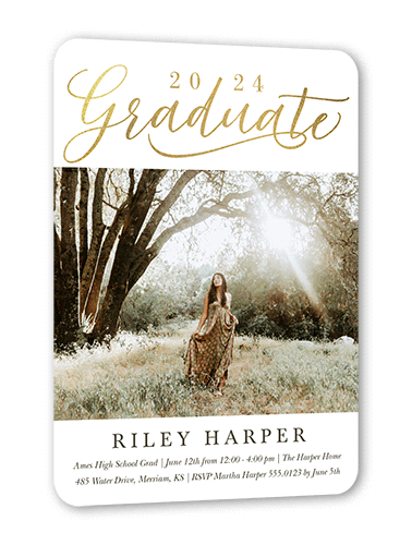 Exultant Grad Graduation Invitation, White, Gold Foil, 5x7, Pearl Shimmer Cardstock, Rounded