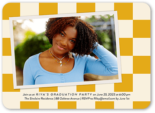 Classic Checkered Graduation Invitation, Yellow, 5x7, Standard Smooth Cardstock, Rounded