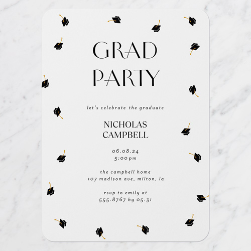 Cap Showers Graduation Invitation, White, 5x7 Flat, Write Your Own Greeting, Pearl Shimmer Cardstock, Rounded