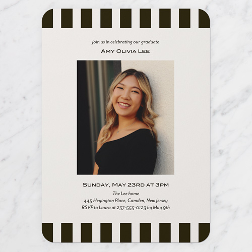 Bordered Stripes Graduation Invitation, Black, 5x7 Flat, Pearl Shimmer Cardstock, Rounded, Black