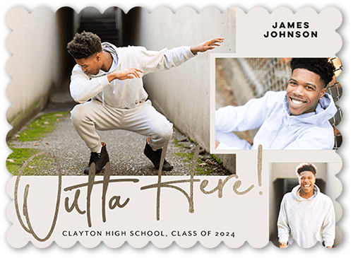 Outta Here Graduation Announcement, Grey, 5x7 Flat, Pearl Shimmer Cardstock, Scallop