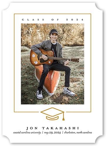 Lined Cap Graduation Announcement, White, 5x7 Flat, Pearl Shimmer Cardstock, Ticket