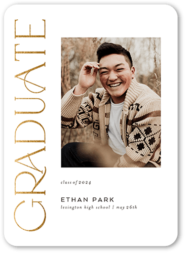 Luxe Grad Graduation Announcement, White, 5x7 Flat, Pearl Shimmer Cardstock, Rounded