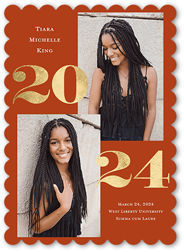 Lustrous Year Graduation Announcement, Orange, 5x7 Flat, Pearl Shimmer Cardstock, Scallop