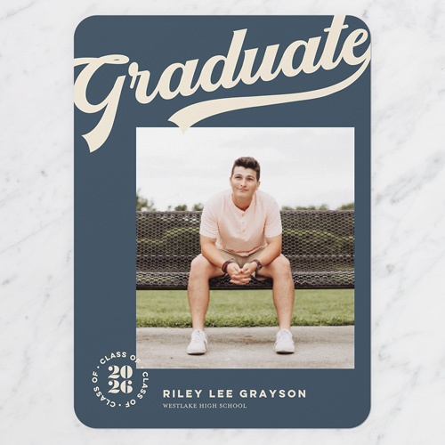 Graduate Class Graduation Announcement, Blue, 5x7 Flat, Pearl Shimmer Cardstock, Rounded, Blue Suede