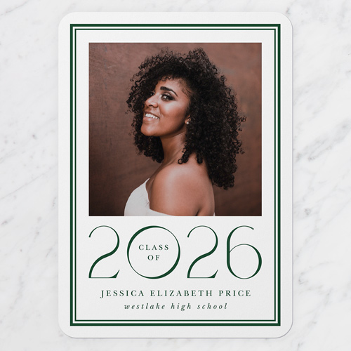 Timeless Border Graduation Announcement, Green, 5x7 Flat, 100% Recycled Cardstock , Rounded, Kale