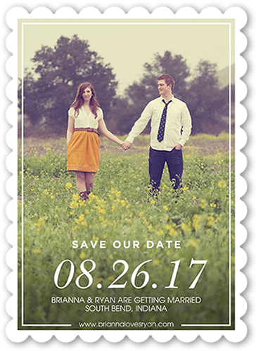 Absolutely In Love Save The Date, White, 5x7 Flat, Pearl Shimmer Cardstock, Scallop