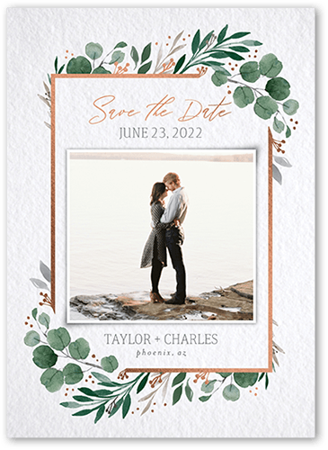 Brushed Botanic Save The Date, Green, 5x7 Flat, Pearl Shimmer Cardstock, Square