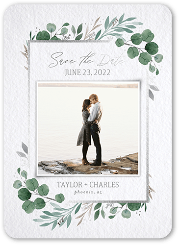 Brushed Botanic Save The Date, Green, 5x7 Flat, 100% Recycled Cardstock , Rounded