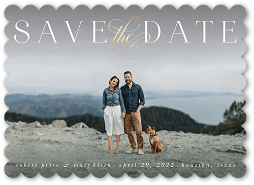 Elegant Type Save The Date, White, 5x7, Pearl Shimmer Cardstock, Scallop