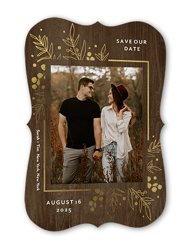 Lustrous Foliage Save The Date, Brown, Gold Foil, 5x7 Flat, Pearl Shimmer Cardstock, Bracket