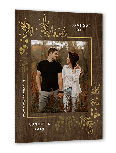 Lustrous Foliage Save The Date, Brown, Gold Foil, 5x7 Flat, Pearl Shimmer Cardstock, Square