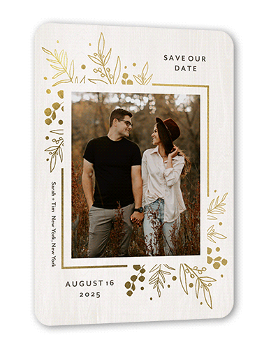 Lustrous Foliage Save The Date, Gold Foil, White, 5x7 Flat, Matte, Signature Smooth Cardstock, Rounded, White