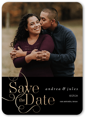 Swirly Date Save The Date, Black, 5x7 Flat, 100% Recycled Cardstock , Rounded, Black