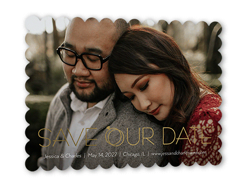 Connected Bands Save The Date, White, Gold Foil, 5x7, Pearl Shimmer Cardstock, Scallop