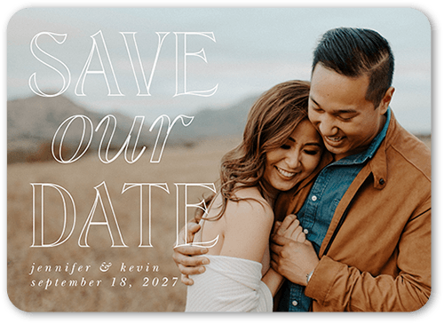 Soft Outlines Save The Date, White, 5x7 Flat, 100% Recycled Cardstock , Rounded