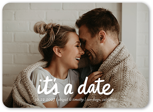 Date Is Set Save The Date, White, 5x7 Flat, Pearl Shimmer Cardstock, Rounded