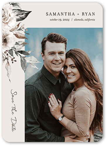 Neutral Florals Save The Date, Grey, 5x7 Flat, Pearl Shimmer Cardstock, Rounded