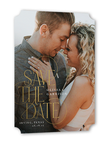 Peaceful Penmanship Save The Date, White, Gold Foil, 5x7 Flat, Pearl Shimmer Cardstock, Ticket