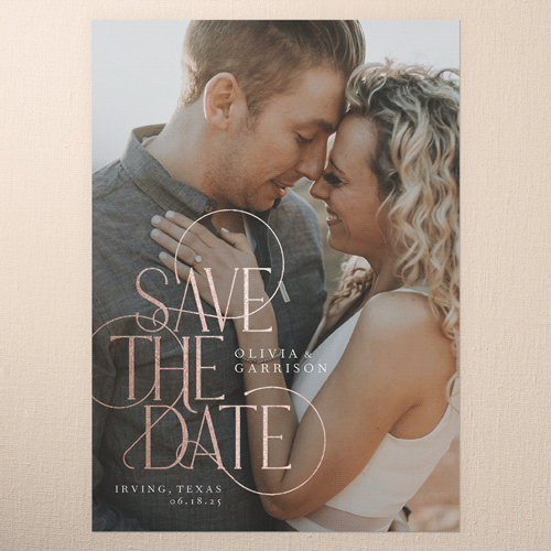 Peaceful Penmanship Save The Date, White, Rose Gold Foil, 5x7 Flat, Luxe Double-Thick Cardstock, Square, White