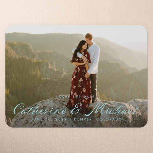 Modern Romance Save The Date, Blue, 5x7 Flat, Pearl Shimmer Cardstock, Rounded, Spa