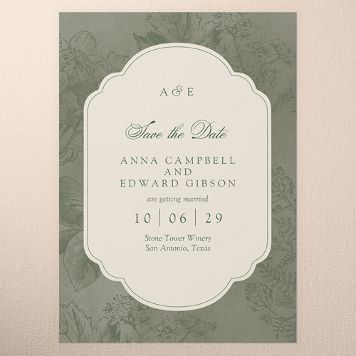 Classic Blossoms Save The Date, Green, 5x7 Flat, Standard Smooth Cardstock, Square, Bark