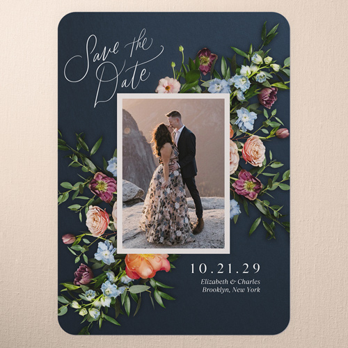 Stunning Bouquet Save The Date, Blue, 5x7 Flat, Matte, Signature Smooth Cardstock, Rounded, Navy
