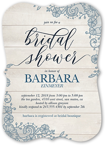 Lovely Lace Frame Bridal Shower Invitation, Blue, Matte, Signature Smooth Cardstock, Bracket