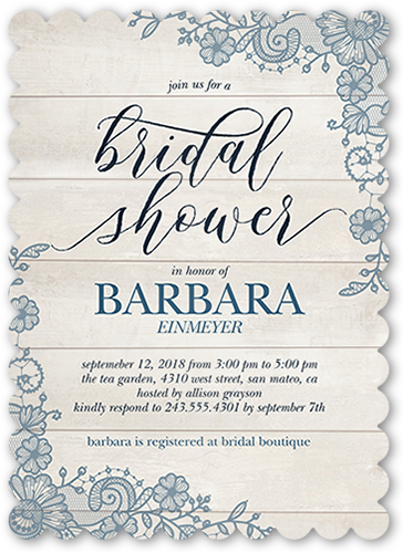 Lovely Lace Frame Bridal Shower Invitation, Blue, Pearl Shimmer Cardstock, Scallop