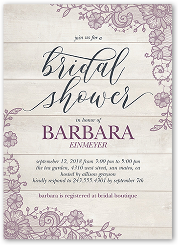 Lovely Lace Frame Bridal Shower Invitation, Purple, Luxe Double-Thick Cardstock, Square