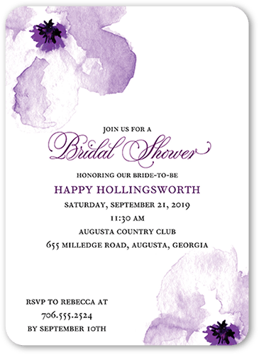 Floral Gallery Bridal Shower Invitation, Purple, 5x7 Flat, 100% Recycled Cardstock ?, Rounded