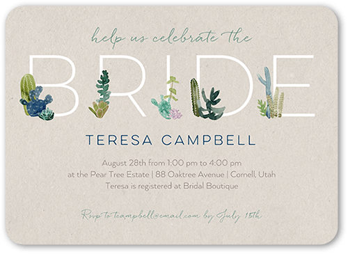 Desert Greenery Bridal Shower Invitation, Beige, 5x7 Flat, Pearl Shimmer Cardstock, Rounded