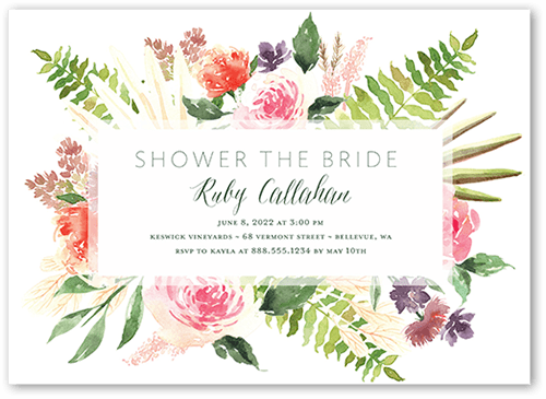 Bouquet Fringe Bridal Shower Invitation, White, 5x7 Flat, Standard Smooth Cardstock, Square