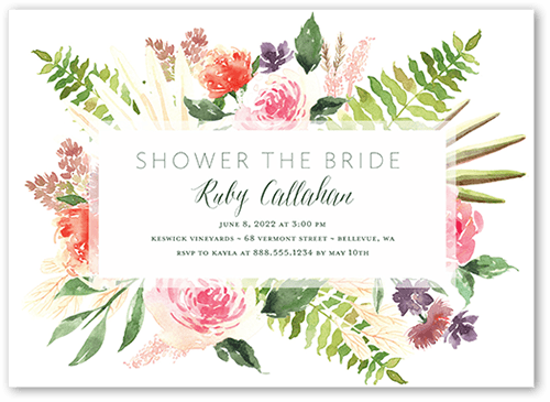 Bouquet Fringe Bridal Shower Invitation, White, 5x7 Flat, Luxe Double-Thick Cardstock, Square